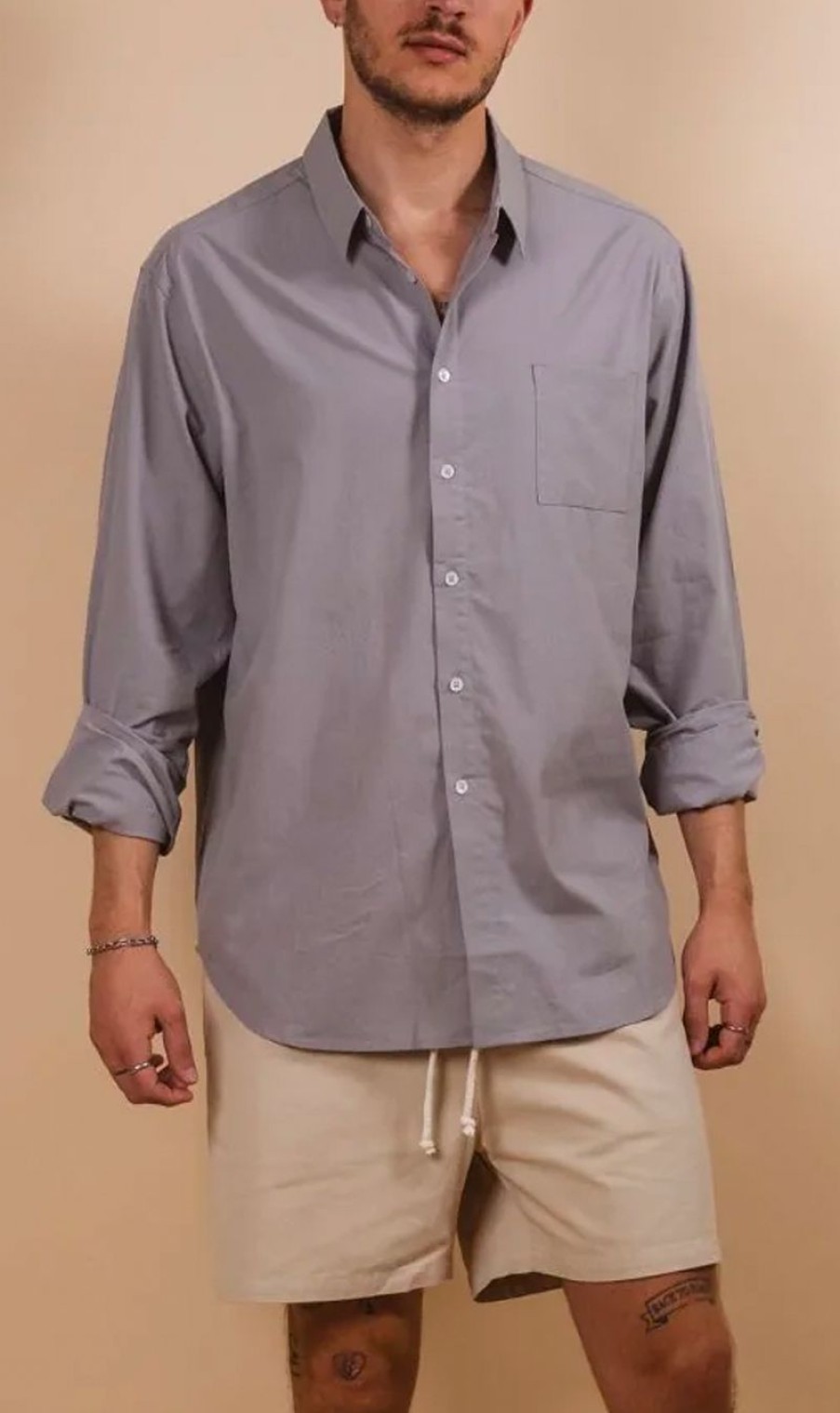 Menswear * | Kore Studios | Valley Poplin L/S Shirt Ash Grey