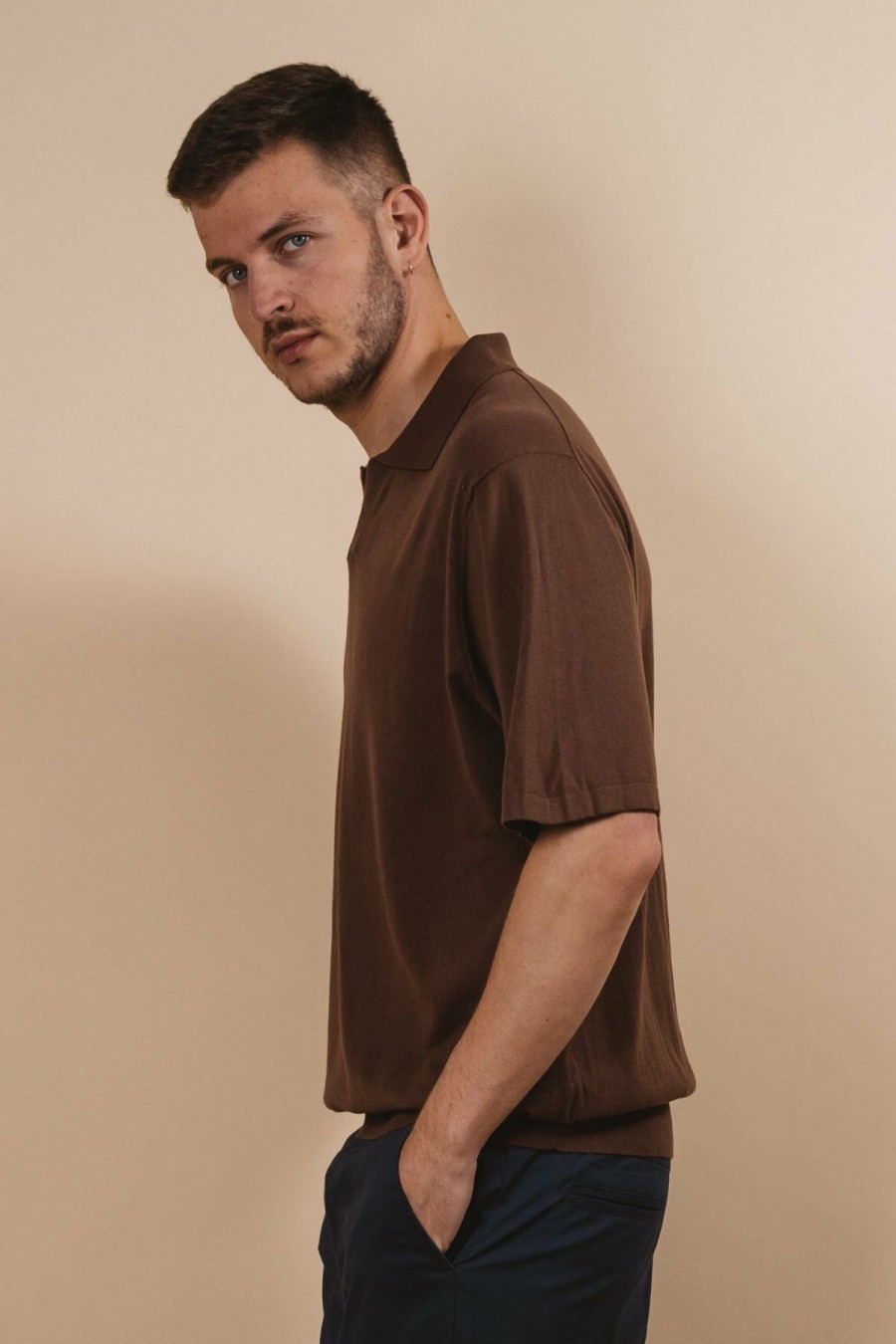 Menswear * | Kore Studios | Stark Knit Polo Taupe Brown